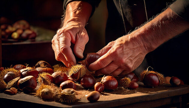 Primer plano de manos de hombre pelando casta&ntilde;as en oto&ntilde;o (AF)