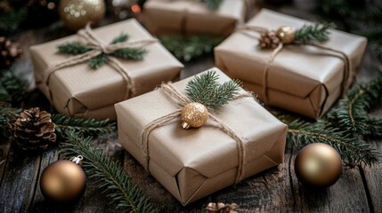 Rustic Christmas Gifts with Natural Decorations. Beautifully wrapped presents with pine branches and gold ornaments. Perfect for a cozy winter celebration.