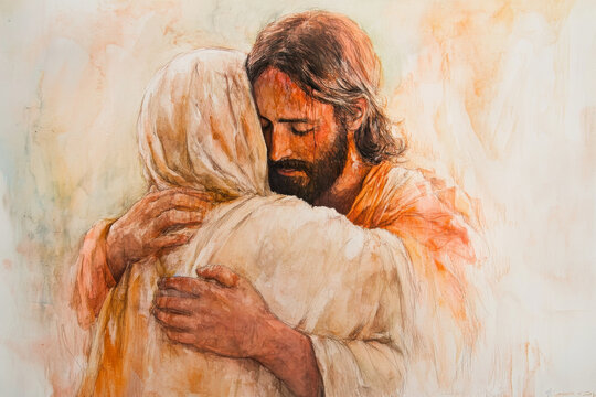 Jesus embracing a leper, offering healing and love, with a warm glow surrounding them. The watercolor uses soft oranges, pinks, and whites to convey divine compassion and grace.