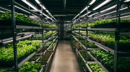 Large indoor hydroponic farm multiple rows shelves filled Innovative vertical