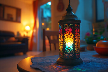 Islamic ramadan kareem celebration lantern with beautiful bokeh lights in the background.