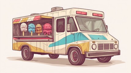 A colorful ice cream truck with various ice cream flavors displayed.