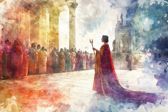 A serene digital watercolor painting of Queen Esther in the royal court, holding a scepter, standing before King Xerxes. The rich, vibrant colors of the palace and her elegant gown reflect her beauty