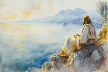 Jesus sitting on a rock near the sea, gazing out at the calm waters. The watercolor uses soft blues, whites, and golden hues to depict contemplation, peace, and divine connection.