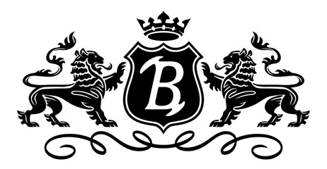 Coat of arms with heraldic lions and shield. Royal symbol, black and white vector illustration