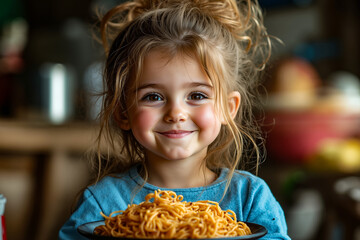 Naklejka premium A little girl holding a plate of spaghetti in her hands