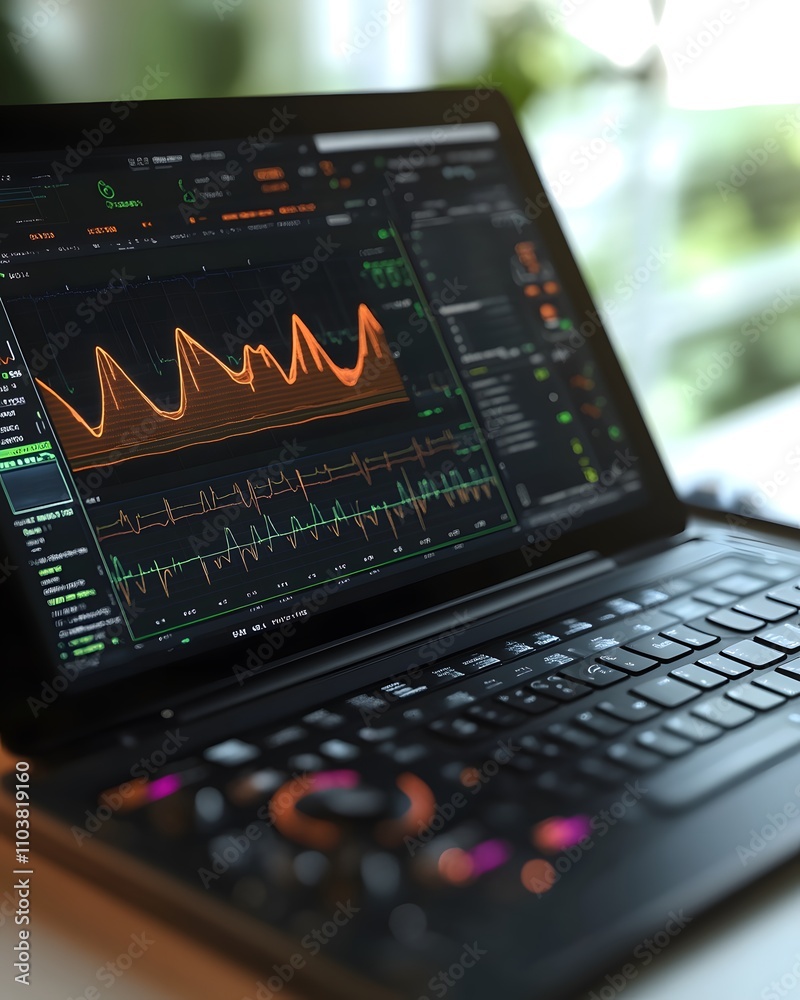 Poster a laptop displaying a vibrant data visualization interface with graphs and metrics.