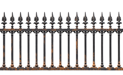 rusty weathered iron fence railings, black vintage yard garden corroded metal railings. cutout.