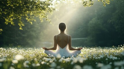 Young woman sitting lotus position forest She is practicing mindfulness meditation