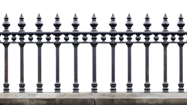 rusty weathered iron fence railings, black vintage yard garden corroded metal railings. cutout.