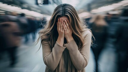 Young woman standing crowded subway station She is The concept of depression