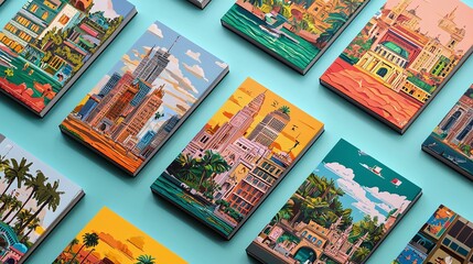 travel postcards illustrations cityscape buildings vibrant graphics and unique exploration.






