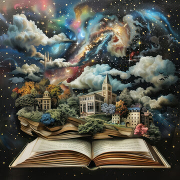 a fantasy scene where a picturesque city emerges from an open book, surrounded by cosmic bodies and clouds against the backdrop of a starry sky.