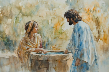 Jesus talking to a Samaritan woman at the well, offering her living water. The watercolor uses earthy browns, soft blues, and gentle whites to evoke acceptance, grace, and divine revelation.