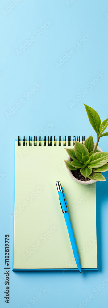 Poster a blue notepad with a pen and plant sit on an isolated pastel blue background leaving plenty of empt