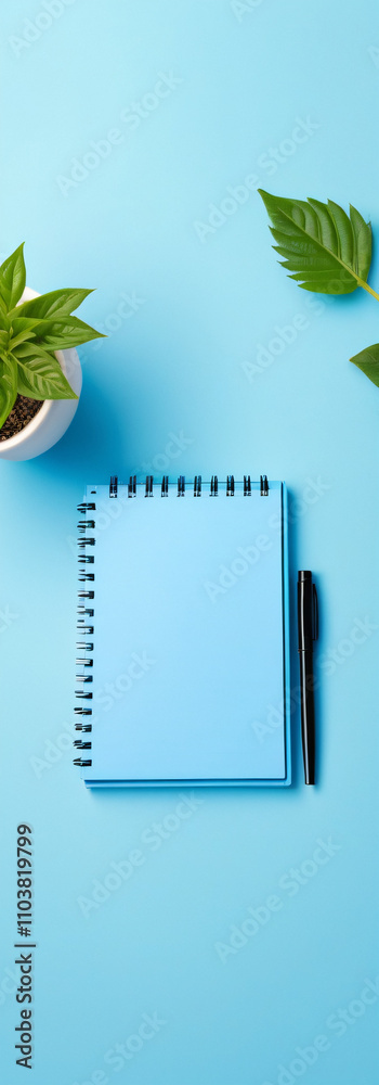 Poster a blue notepad with a pen and plant sit on an isolated pastel blue background leaving plenty of empt