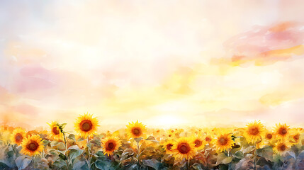 vibrant watercolor painting of sunflower field under warm sunset sky, showcasing beauty of nature and joy of blooming flowers