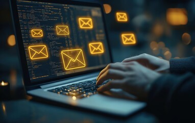 Typing, sending and reading electronic mail, email marketing and newsletter concept. Digital communication with email messages. Sending and receiving messages online with the email icon, notifications