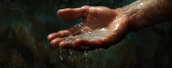 Fototapeta premium Detailed Digital Painting of a Human Hand Holding Dripping Water Against a Dark Textured Background Symbolizing Purity and Renewal