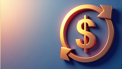A glossy 3D circular arrow icon encompassing a golden dollar sign, symbolizing retargeting and ad spend efficiency, set against a dynamic gradient background