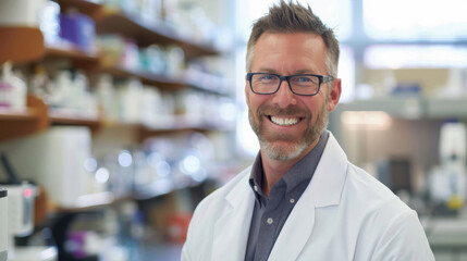 Fototapeta premium Cheerful man in lab coat working in a scientific research laboratory