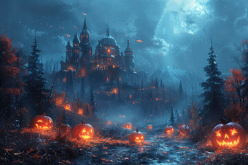 Fototapeta premium Halloween atmosphere with a mysterious castle surrounded by glowing pumpkins and a gloomy forest under the light of the full moon.