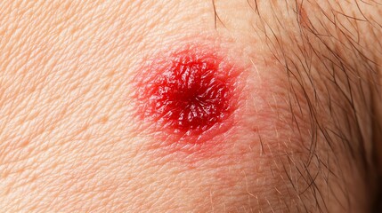 Fototapeta premium Close-up of a red bruise on skin, showing detailed texture and color variations.