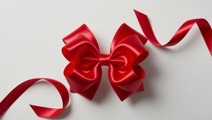 Red Satin Ribbon with Bow Isolated on White Background - Elegant Top View Decoration