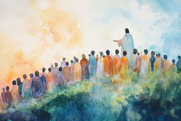Jesus giving the Beatitudes on a hillside, surrounded by crowds. The watercolor uses light blues, soft oranges, and greens to represent blessings, hope, and divine truth.