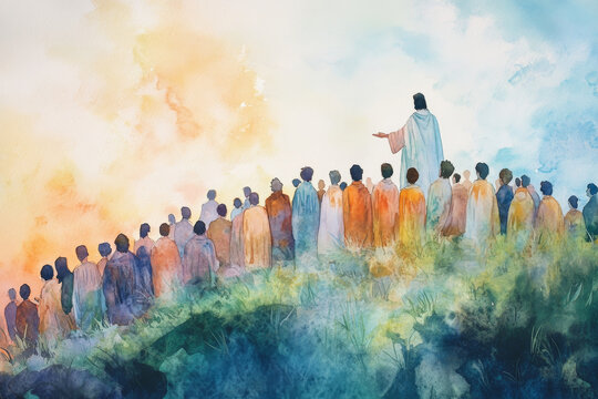 Jesus giving the Beatitudes on a hillside, surrounded by crowds. The watercolor uses light blues, soft oranges, and greens to represent blessings, hope, and divine truth.