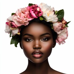Dark-skinned woman, floral crown, beautiful portrait.