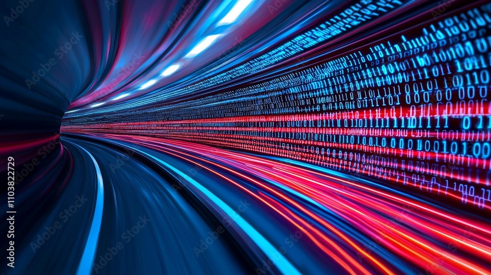 Poster continuous data streams, binary data traveling on a digital route.