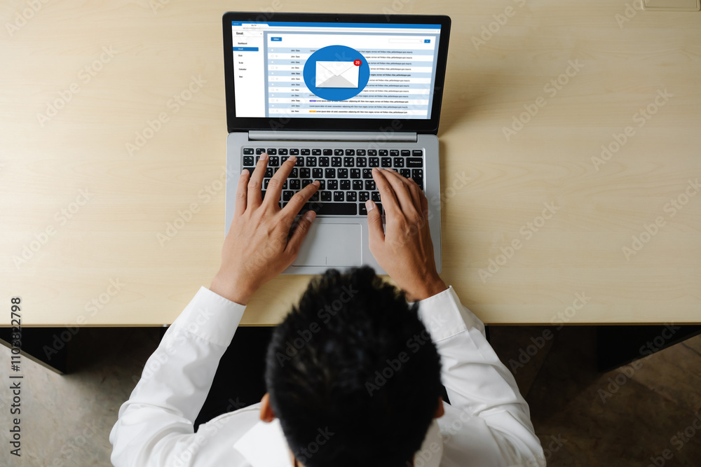 Poster email notification message showing on computer screen snugly. digital marketing message information 
