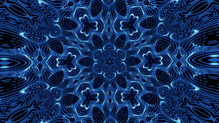 Seamless pattern with symmetrical design in blue tones. Abstract kaleidoscopic geometric pattern. Hypnotic background. Abstract vector illustration.