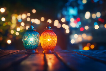 Islamic ramadan kareem celebration lantern with beautiful bokeh lights in the background.