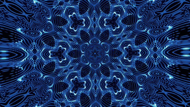Seamless pattern with symmetrical design in blue tones. Abstract kaleidoscopic geometric pattern. Hypnotic background. Abstract vector illustration.