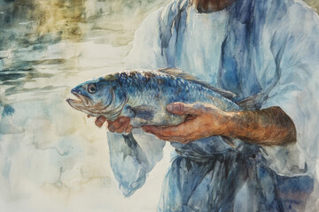 Jesus holding a fish, offering it to his disciples after the resurrection. The watercolor uses cool blues and soft grays to create a peaceful, reflective atmosphere of renewal and divine revelation.