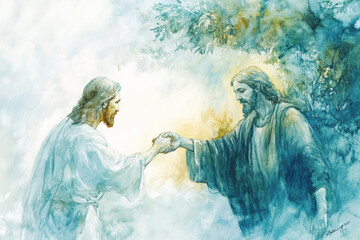 Jesus offering his hand to a blind man, guiding him toward light. The watercolor uses soft blues, whites, and light yellows to convey healing, compassion, and divine guidance.