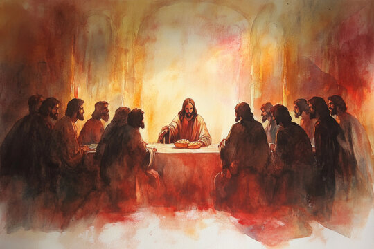 A dramatic watercolor of Jesus breaking the bread at the Last Supper, with his disciples surrounding him. Deep reds and muted tones are illuminated by a soft golden light.
