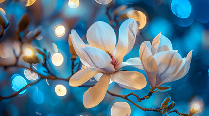 White magnolia flower with blue lights around it.