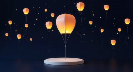 Obraz premium Illuminated floating sky lanterns at night