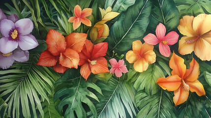 Vibrant tropical flower arrangement with lush green leaves, showcasing variety of colorful blooms. This watercolor art captures essence of tropical paradise