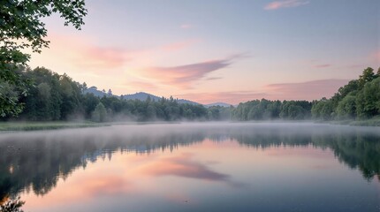 Fototapeta premium A serene lake at dawn with mist rising from the water's surface, mist, landscape