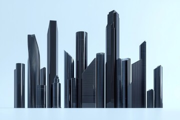 3D rendering of modern black skyscrapers isolated on a pale light blue background, Moscow City, studio setup lighting, high resolution, high detail, hyper-realistic, sharp focus, studio photo, intrica