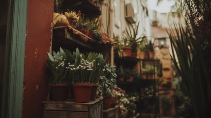 Urban flower shop alleyway with potted plants.