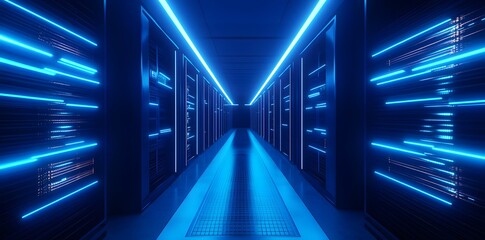 A futuristic data center corridor illuminated by blue lights.