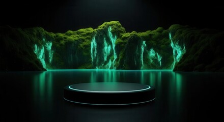 illuminated mossy rocks pedestal with neon lights in mystic landscape