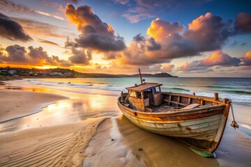 Fototapeta premium Stranded Beauty: A Documentary Capture of a Weathered Boat Resting on the Serene Shores of St Ives Beach, Surrounded by Golden Sands and Gentle Waves at Sunset