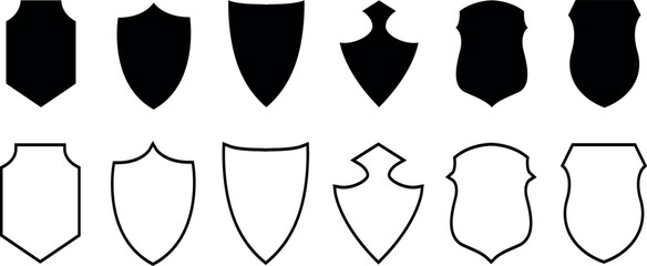 Shield icon set. Black knight award contours and linear signs. Protect shapes silhouette. Vector illustration. security shields symbols with check mark and padlock, Shield security.