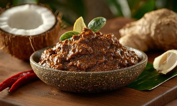 Close up of a bowl of dark brown paste with a coconut shell, ginger root and red chili peppers.